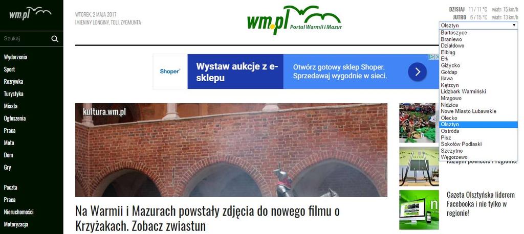 [16/22] Portale informacyjne W lewej części ekranu znajdują się zakładki pod którymi kryją się bloki tematyczne: sport, rozrywka, turystyka, itp.