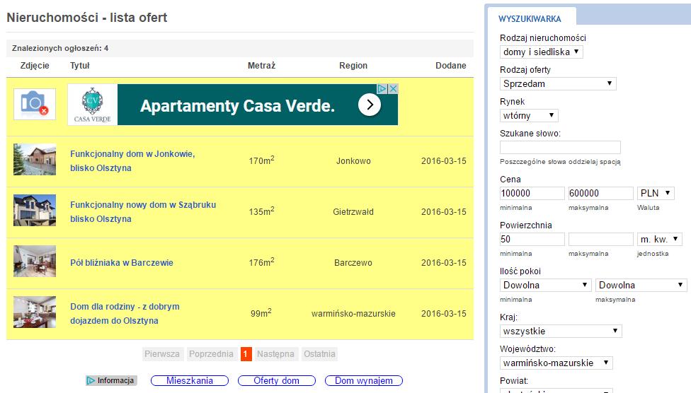 Możemy też po wpisaniu kryteriów wyszukać nieruchomość przeznaczoną do sprzedaży.