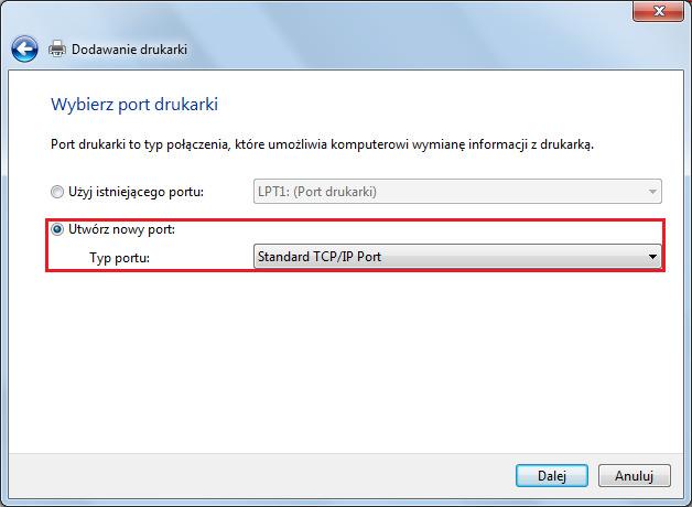 portu: i z listy rozwijanej wybierz Standard TCP/IP