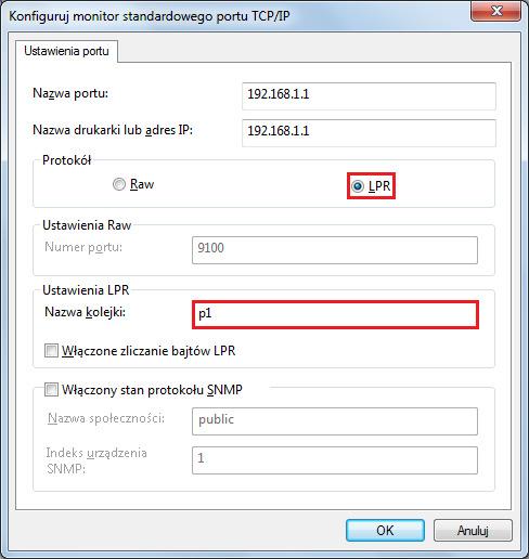 W części Protokół wybierz LPR, następnie wpisz p1 (cyfra 1) w