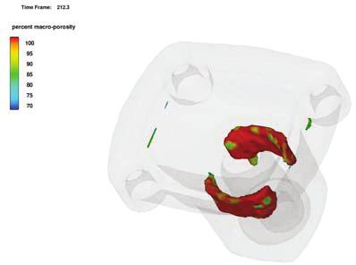 A. Gwiżdż, M. Małysza, M. Nowak: Application of the Flow-3D software for simulation of the spheroidal iron... Wizualizacja pokazuje krzepnące obszary odlewu.