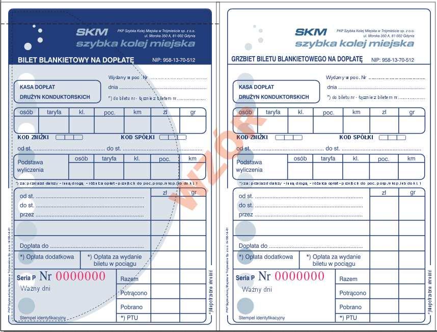 Bilet blankietowy na dopłatę a) właściwy bilet b) grzbiet (kopia)