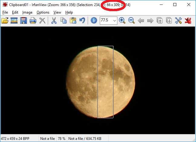 Rysunek 8. Rozmiary zaznaczenia są widoczne u góry obrazu (czerwone kółko). Księżyc na tym zdjęciu ma średnicę 309 pikseli.