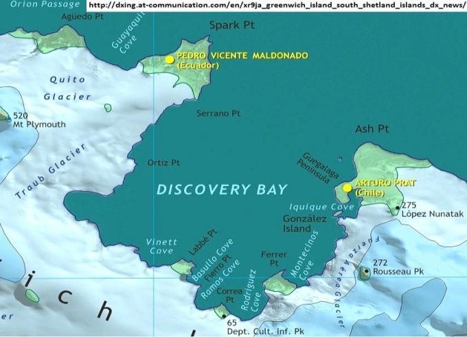 Rys. 2. Zatoka Discovery (Bahia Chile) na wyspie Greenwich (Ivanov 2005, fragment mapy) Fig. 2. Discovery Bay (Bahia Chile), part of the Ivanov 2005 map Jedna z kilku podobnych stacji sejsmicznych została założona na wyspie Greenwich (rys.