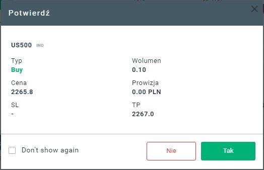 Dodatkowo w łatwy sposób można dodać wartość zlecenia obronnego Stop loss oraz zlecenie Take Profit aktywując ikonę. Następnie należy wprowadzić wartości.