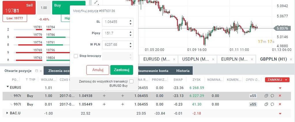 Podwój pozycję oraz odwróć pozycję Każdą posiadaną transakcję możemy podwoić jednym kliknięciem w kolumnie zamknij, ikoną podwój pozycję. Nowa pozycja zostanie dodana po bieżącej cenie rynkowej.