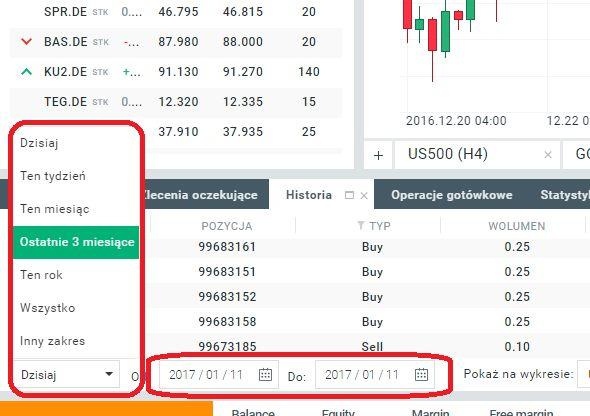 5. Powiadomienia a) Historia Transakcji Po dokonaniu transakcji, wszelkie zamknięte pozycje możemy sprawdzić w zakładce Historia Transakcji. Znajdują się tam inf