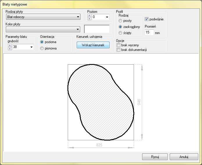 wymiary blatów można dowolnie modyfikować (grubość, szerokość i długość), np.