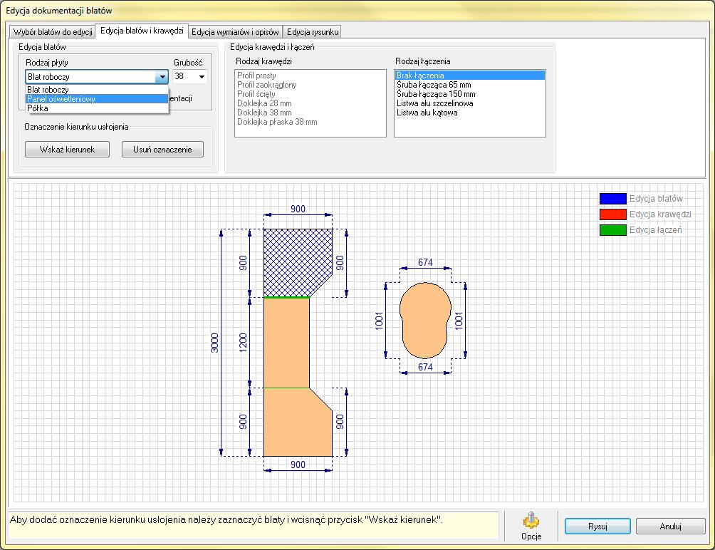 użytkownik może modyfikować wygląd rysunku blatów w dokumentacji (m.in.