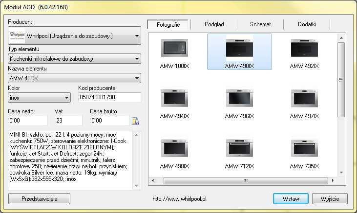 okapy, płyty kuchenne), i zaopatrzony Okno Moduł AGD w nazwę, kod producenta, dostępną kolorystykę do wyboru, podgląd graficzny, ceny (netto, podatek VAT, brutto), opis katalogowy, schemat montażowy