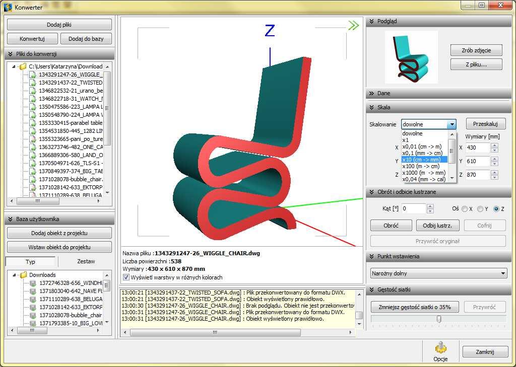 jeśli Okno modułu Konwerter 3D liczba powierzchni, z których się składają, jest za wysoka, po konwersji modele można dodać do Bazy użytkownika lub użyć w bieżącym projekcie, moduł Konwerter 3D