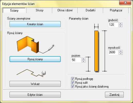 2. Opcja Rysuj ściany pozwala na samodzielne stworzenie dowolnego obrysu pomieszczenia, najpierw w oknie Kreatora użytkownik ustala grubość i wysokość ścian, oraz czy ma zostać wyrysowana