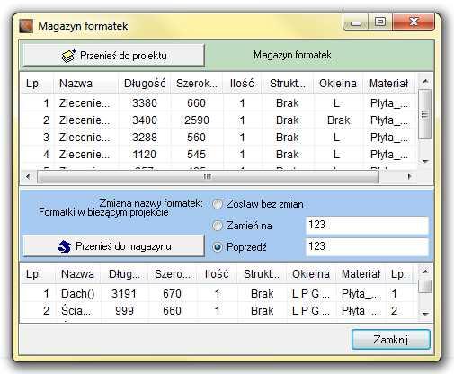 Użytkownik ma możliwość: dodawania, edytowania i usuwania arkuszy, o dowolokno Magazyn formatek nych nazwach wpisanych z klawiatury lub wybranych ze słownika, w bieżącym projekcie lubw magazynie,