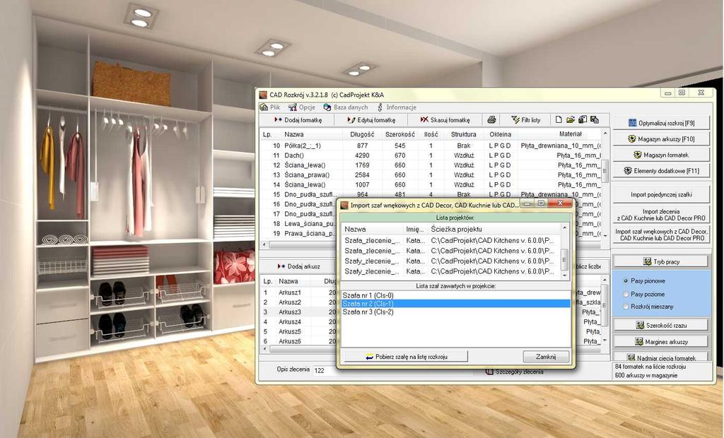 Import formatek szaf wnękowych na listę rozkroju program CAD Rozkrój został wyposażony w opcję importowania zleceń z Modułu Szaf Wnękowych, który można dokupić do programów CAD Decor, CAD Kuchnie