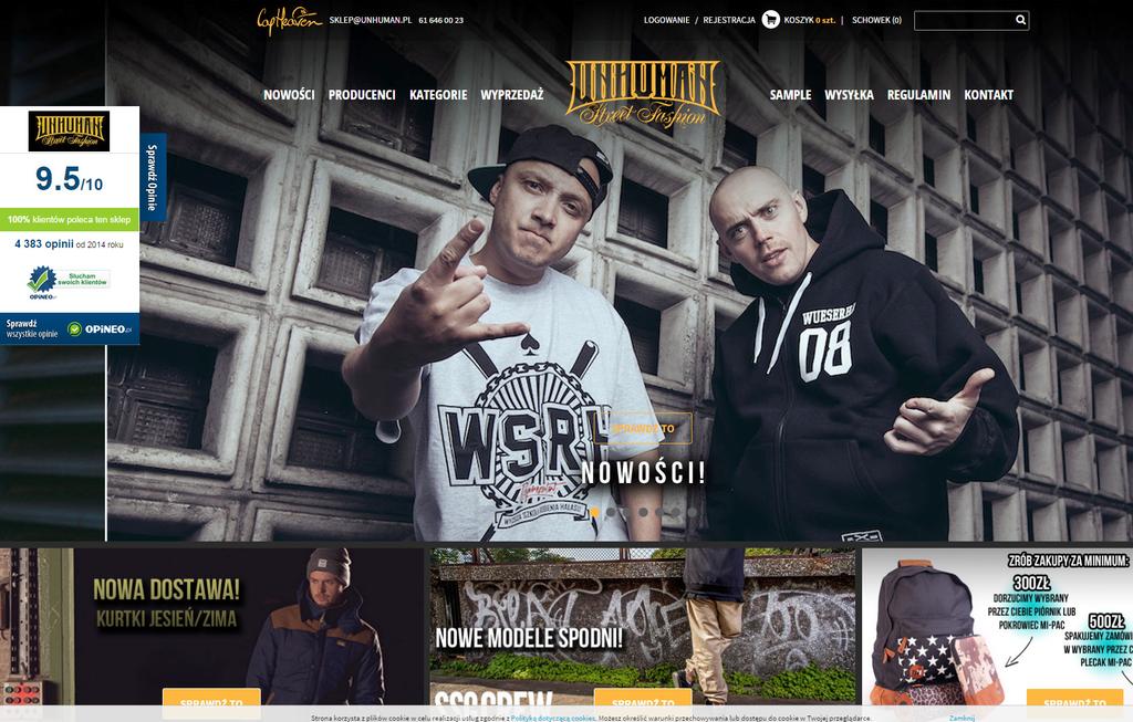 4 Unhuman.pl Sklep internetowy Unhuman.pl oferuje wysokiej jakości odzież, obuwie i akcesoria polskich i zagranicznych marek streetwear owych. Funkcjonuje na rynku od 2007 r.