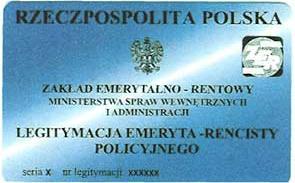 Wzór nr 40 do 38 i 39 WZÓR LEGITYMACJI EMERYTA-RENCISTY POLICYJNEGO Legitymacja pozioma, o wymiarach 55 mm x 85 mm, o krawędziach zaokrąglonych, koloru niebieskiego cieniowanego, dwustronnie