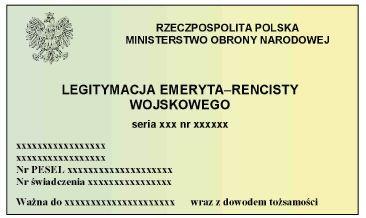 Napisy w kolorze czarnym wykonane różną czcionką: - po prawej stronie wizerunku orła: "RZECZPOSPOLITA POLSKA", poniżej "MINISTERSTWO OBRONY NARODOWEJ", - pośrodku "LEGITYMACJA EMERYTA-RENCISTY