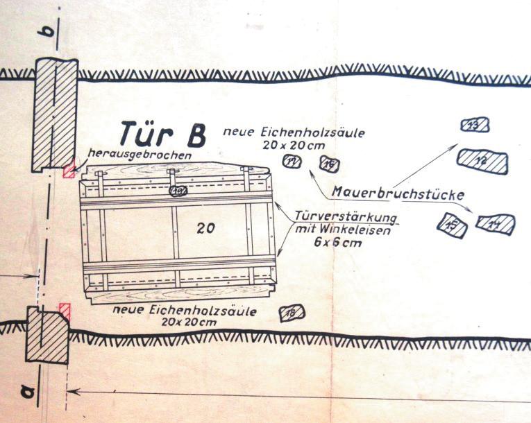 of the Museum of Coal Mining in Nowa Ruda) Ryc. 7. Oryginalny rysunek techniczny zniszczonej tamy strzałowej zbudowanej z kątowników i dębowych belek (Arch. Muz. Górn.