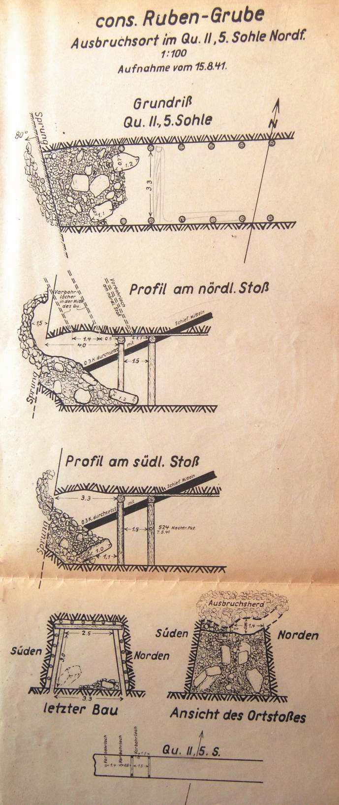 Historia eksploatacji węgla kamiennego na polu Piast w Nowej Rudzie... 65 Ryc. 9. Oryginalny rysunek sytuacyjny miejsca wyrzutu z 10.05.1941 roku (Arch. Muz. Górn. Węgl. w Nowej Rudzie) Fig. 9. The original drawing of space situational of outburst on from 10.