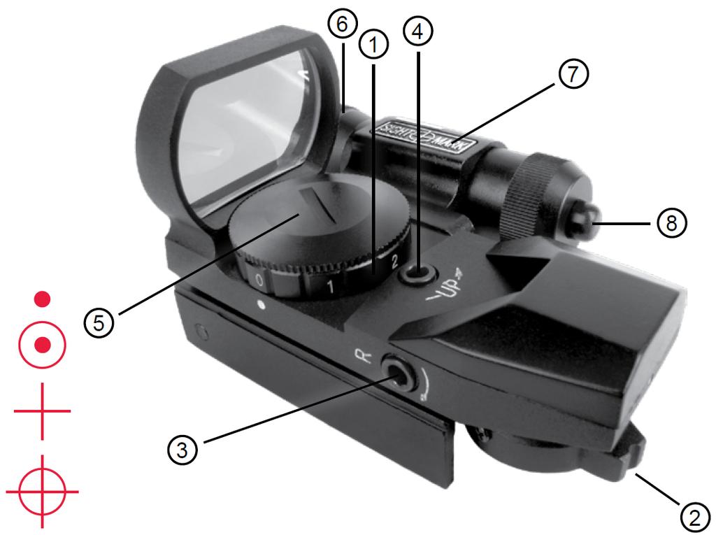 Diagram Laser Dual Shot 1. Regulacja jasnośći 2. Wybór krzyža 3. Regulacja wysokośći 4.