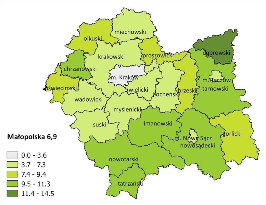 3,6 5,5 5,9 6 6,3 6,4 6,5 6,9 6,9 7,1 7,3 8,1 8,2 8,3 8,6 9,1 9,4 9,9 1 1,6 1,8 1,9 11,3 14,5 Mapa 1 Przestrzenne zróżnicowanie stopy bezrobocia (%)
