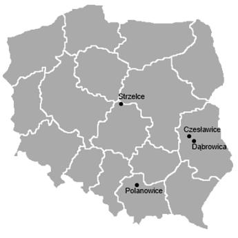 Efektywność genów odporności na rdzę koronową... 99 Rys. 1. PołoŜenie geograficzne miejscowości, w których skolekcjonowano populacje rdzy koronowej owsa Fig. 1. The geographical locations where oat crown rust populations were collected Czesławicach (woj.