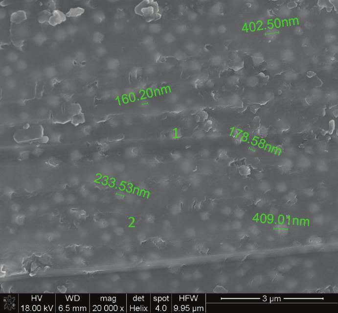 SEM image of the FGA_0 sample after heat treatment at 750 C for 2 h (a), EDS point #1 crystallites of BaF 2 (b), EDS point #2 glassy phase (c). a) Rys. 6.