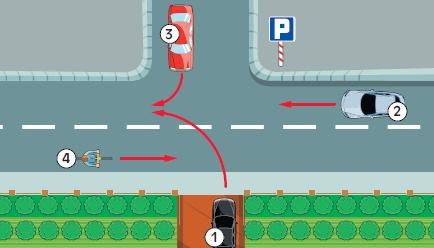 9. W sytuacji przedstawionej na rysunku kierujący pojazdem 3: a) przejeżdża ostatni, b) ma pierwszeństwo przed pojazdem 1, c) ma pierwszeństwo