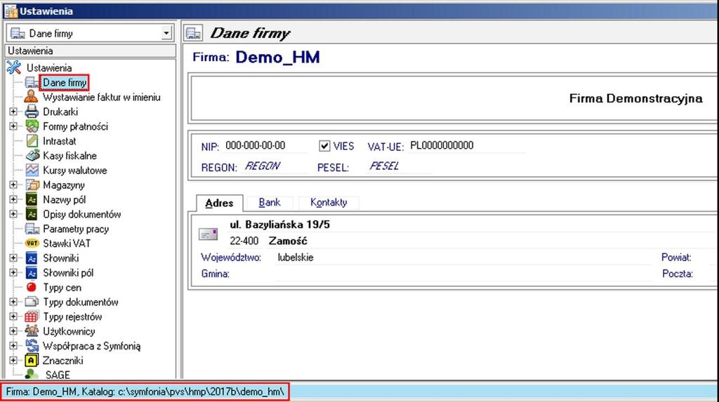 W tym celu nale y otworzy zak adk Ustawienia -> Dane firmy. W lewym dolnym rogu ekranu poka e si cie ka z katalogiem, w którym znajduj si pliki bazy danych.