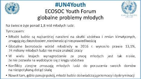 Slajd 7: ECOSOC Youth Forum globalne problemy młodych Podczas Forum podkreślono, że na świecie żyje ponad 1,8 mld młodych ludzi.