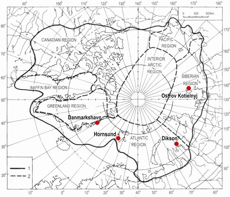 Ryc. 1. Lokalizacja stacji meteorologicznych, 1 granice Arktyki, 2 granice regionów klimatycznych (wg Atlas Arktiki 1985 za R. Przybylakiem 2003) Fig. 1. Location of meteorological stations, 1 boundary of the Arctic, 2 climatic regions (after Atlas Arktiki 1985 from R.