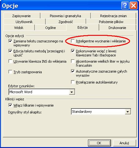 Dodatkowe ustawienia MS Word W celu umożliwienia prawidłowego wypełniania generowanego przez program kadrowopłacowy dokumentu, w opcjach konfiguracyjnych MS Word należy pozostawić pozycję