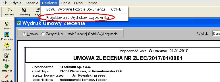 2 Projektowanie wydruków przez użytkownika jest dostępne poprzez opcję menu 'Opcje', 'Projektowanie Wydruków', 'Projektowanie