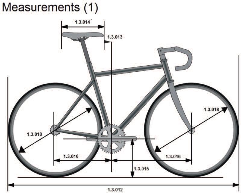 1.3.011 a) Wymiary (patrz: rysunek Wymiary (1) ) 1.3.012 Całkowita długość roweru nie może przekraczać 185 cm, zaś szerokość 50 cm.