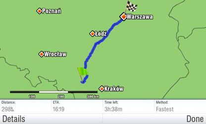 To accept the route, press Done. To receive detailed info about the route, press Details. Default calculation method is Fastest.