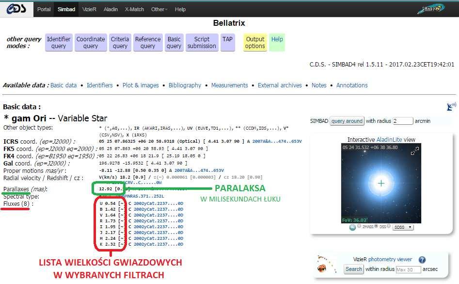 To tutaj odczytuje się jasność gwiazdy w danych filtrach oraz jej paralaksę. Przykładowo, gwiazda Bellatrix posiada paralaksę 12,92 mas, czyli 0,01292''.