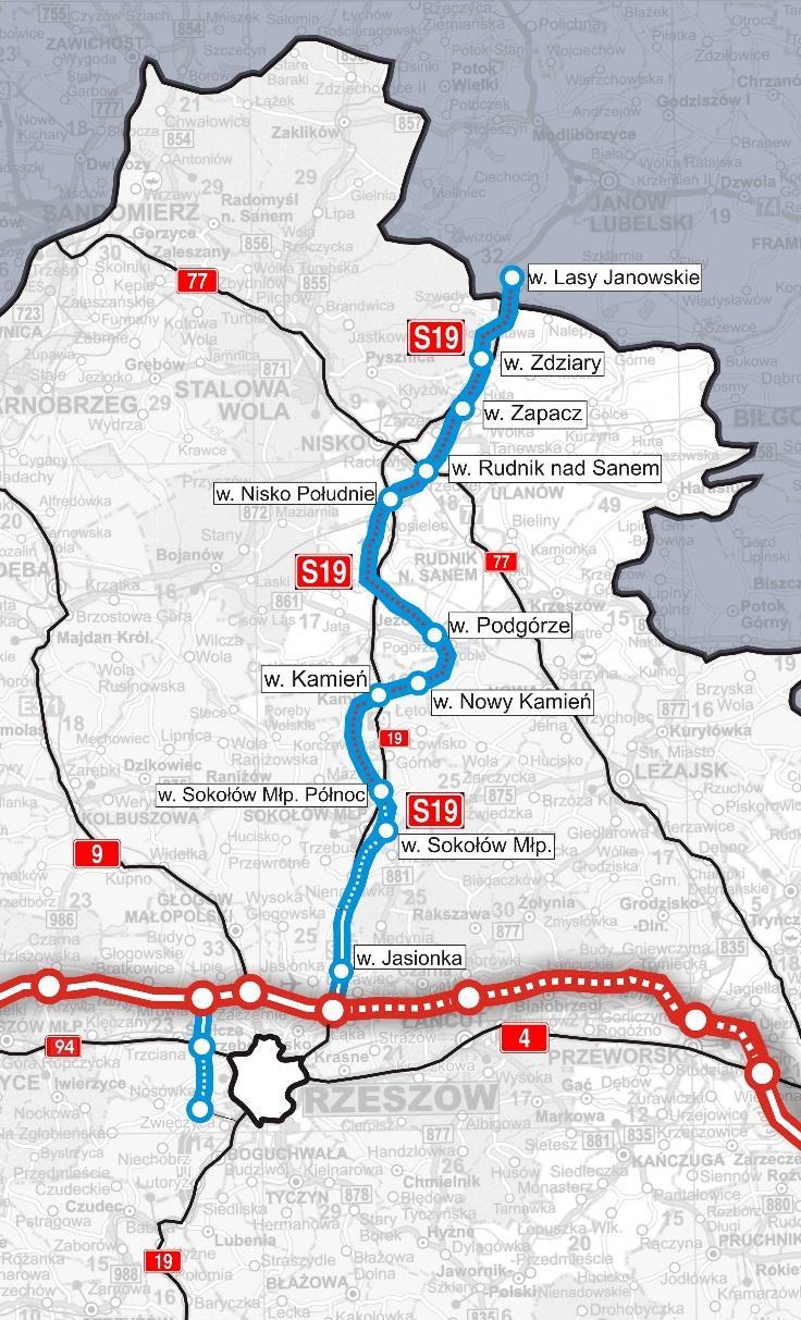 S19 WOJEWÓDZTWO PODKARPACKIE Odcinek Gr.woj Sokołów Młp. - Długość odcinka: około 53 km Uzyskano decyzję DŚU, ogłoszono przetarg Odcinek Sokołów Młp.