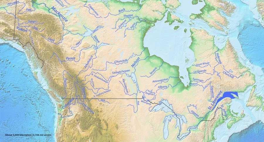 Nizina Hudsońska Sieć rzeczna jest gęsta. Najdłuższe rzeki to: Churchill, Nelson, Severn, Albany. Rzeki mają duży potencjał energetyczny. Na Nelson wybudowano dwie hydroelektrownie.