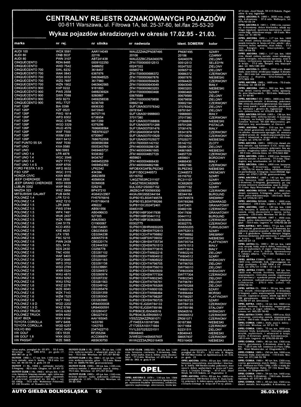 ZFA17000000686372 00686372 CZERWONY CINOUECENTO 700 WSX 0032 0463648525 ZFA17000000687876 00687876 NIEBIESKI CINOUECENTO 700 WZG 7697 3617980 ZFA17000000564429 00564429 CZERWONY CINOUECENTO 700 WZN