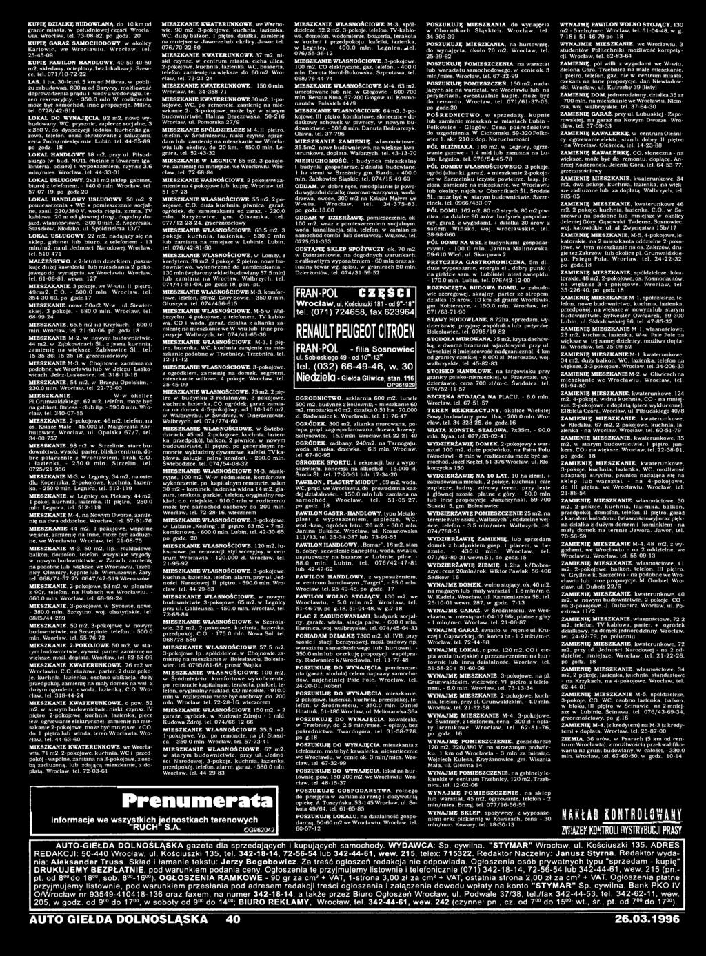 Lubin. lei. 44-55-89, LOKAL HANDLOWY 18 m2. przy ul. Piłsudskiego (w bud. NOT), chętnie z towarem (galanteria. odzież) i wyposażeniem, czynsz 3.6 mln/mies. Wrocław, teł. 44-33-01 LOKAL USŁUGOWY.