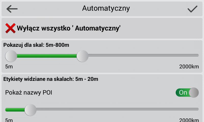 Ustawienia wyświetlania tej kategorii ulegną zmianie. Spójrz na znaki zaznaczone na ikonach POI. Jeżeli znacznik wyboru jest w całości w kolorze zielonym, wyświetlana jest cała kategoria.