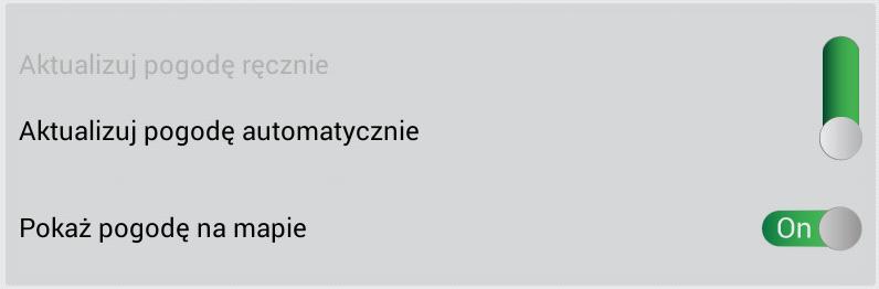 Korki. Pokaż korki na mapie włącza bądź wyłącza wyświetlania ruchu drogowego na mapie. Aktualizuj pogodę ręcznie (Pogoda) wyłącza automatyczną aktualizację.