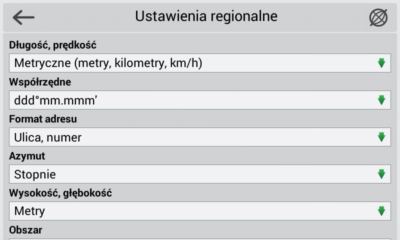 Metryka określa, które jednostki miary będą wykorzystywane w programie, w tym: długość/prędkość (metryczne, morskie, brytyjskie) współrzędne, format adresu, azymut, wysokość/głębokość oraz obszar.