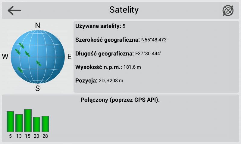 Satelity Ekran Satelity wyświetla informację o sygnale odbieranym z satelitów (GPS lub GLONASS) oraz liczbę satelit, z których odbierane są informacje, włącznie z ich lokalizacją.