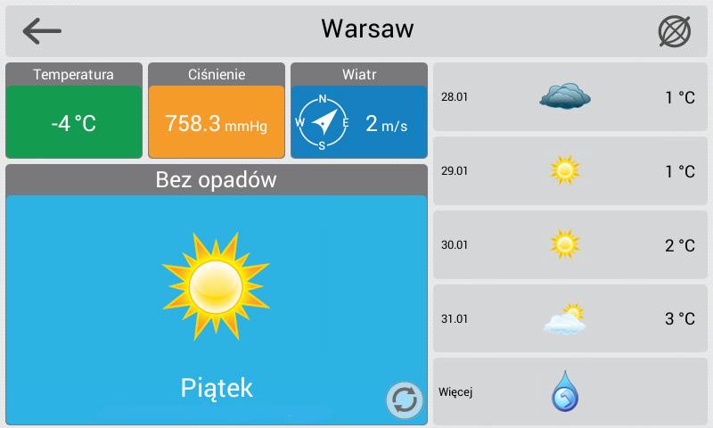 Pogoda Ten ekran wyświetla zapowiadaną prognozę na kilka najbliższych dni oraz szczegółowe informacje na temat aktualnej pogody.