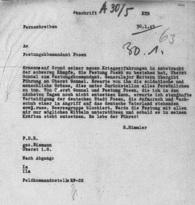 Fot. 16 Rozkaz Heinricha Himmlera dotyczący zmiany na stanowisku dowódcy Festung Posen z 30 stycznia 1945 roku.
