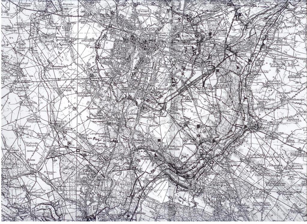 Fot. 3. Fragment mapy (Grossblatt 68, Posen 1:100 000) z naniesionymi planowanymi liniami obronnymi zewnętrznego i wewnętrznego pierścienia obrony datowana na 25 grudnia 1944 r.