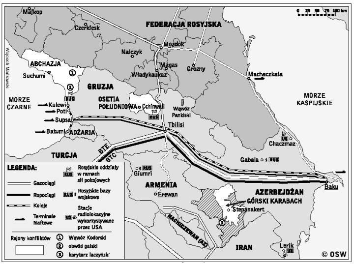 MAPA KONFLIKTÓW NA KAUKAZIE POŁUDNIOWYM Źródło: Ośrodek Studiów Wschodnich: