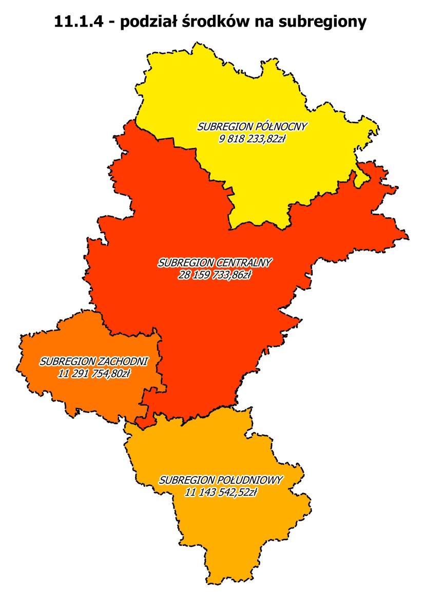 Podział środków na poszczególne subregiony województwa W ramach konkursu nr RPSL.11.01.04-IZ.