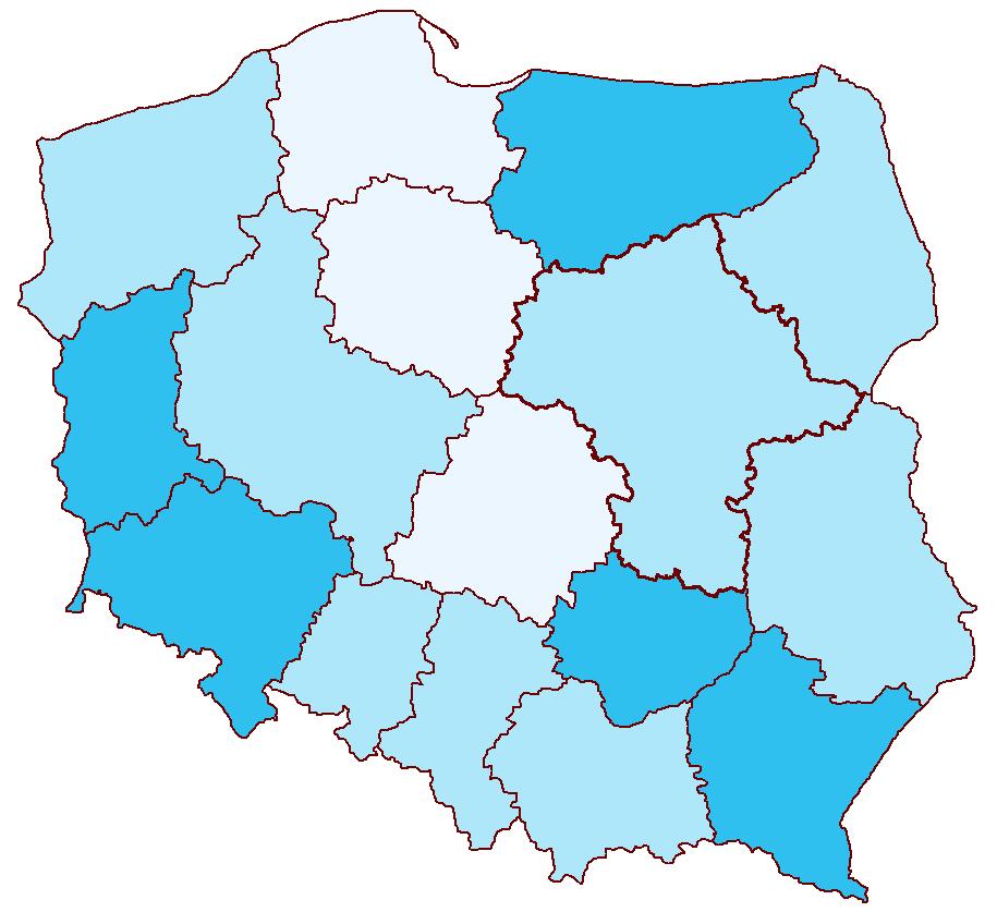 Udział gruntów należących do Samorządów Województw w ogólnej powierzchni województw 0,2% do 0,25% (5) 0,1% do 0,2% (8) 0,07% do 0,1% (3) (w nawiasie podano liczbę